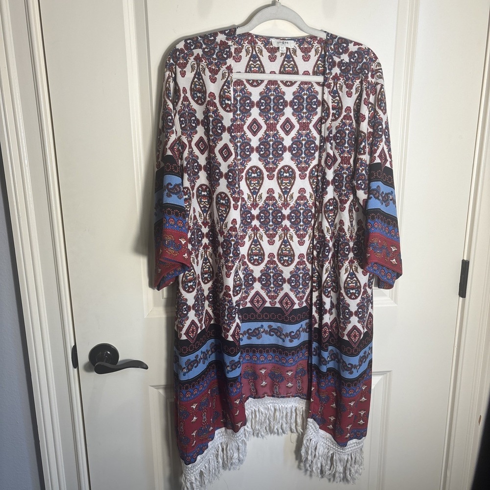 UMGEE Women's Size L/XL Kimono Top Open Front Maroon Fringe Festival Boho